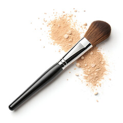 A makeup brush with a black handle and silver ferrule, surrounded by scattered powder, isolated on a white background