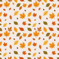Autumn pattern with various elements of autumn foliage on pale pink background. Seamless ornament for seasonal decor. Vector illustration for wrapping paper, textile and fabric design