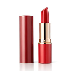 Obraz premium A red lipstick with its cap standing next to it, isolated on white background