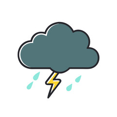 Cartoon cloud with lightning and rain drops, weather icon on a black background