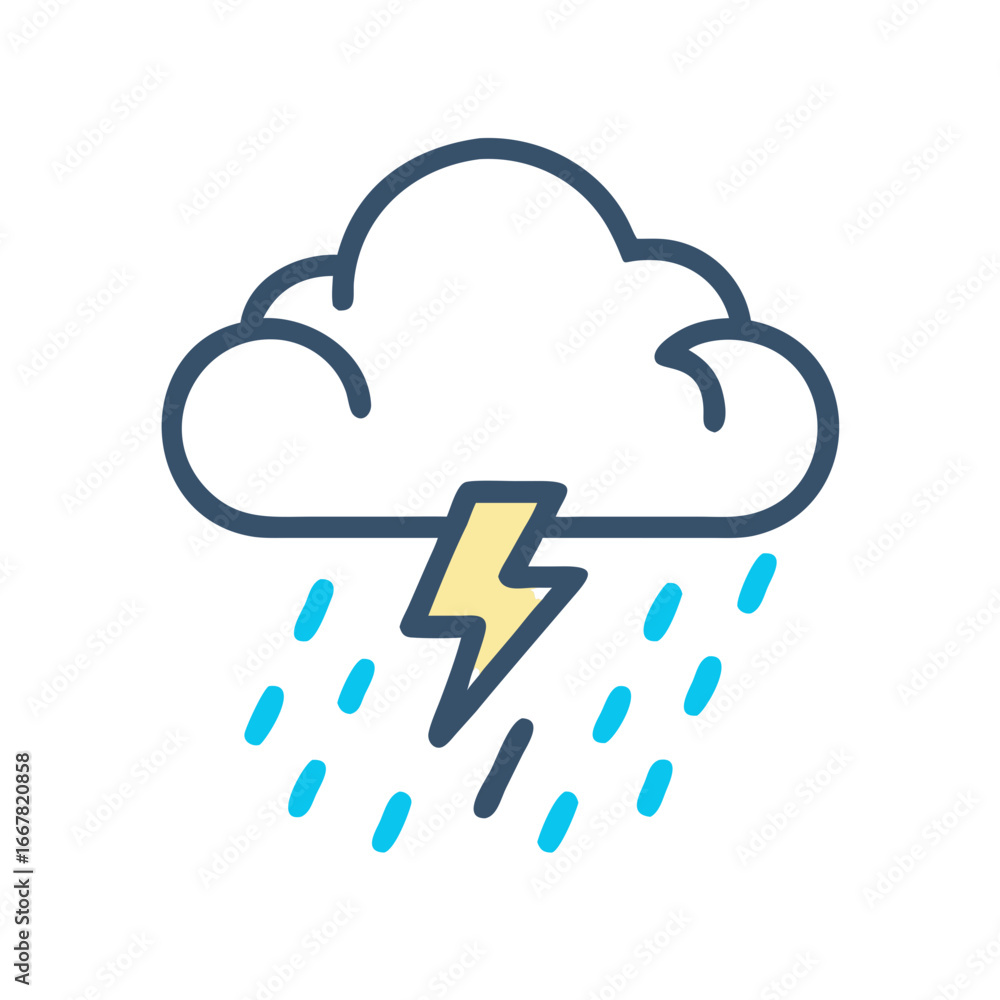 Poster stylized vector image of storm cloud with rain and lightning on black background