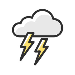 Stylized weather icon of a grey cloud with two lightning bolts in a flat design