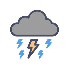 Stylized weather icon depicting a grey cloud with bolts of lightning on a black background