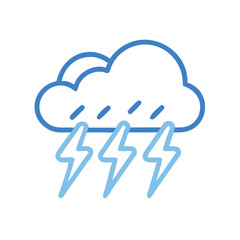 Blue cloud and lightning bolts icon against black backdrop representing stormy weather