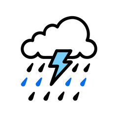 Stylized image of a light blue lightning bolt and four rain drops on black background