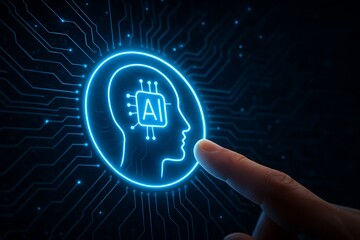 Finger touching glowing blue AI brain circuit icon on dark background artificial intelligence