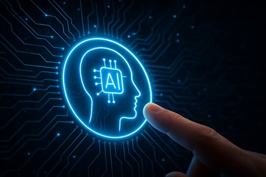 Finger touching glowing blue AI brain circuit icon on dark background artificial intelligence