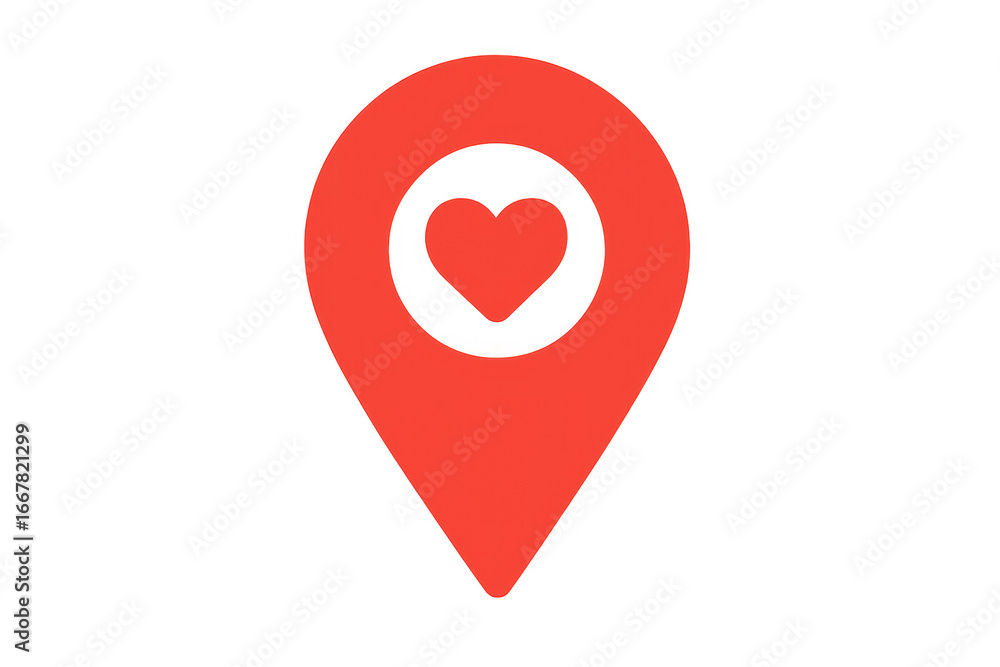 Poster red location pin icon showing heart symbol on transparent background
