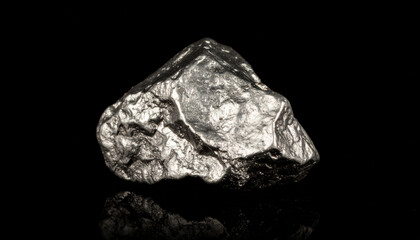 Raw platinum nugget metallic shiny natural mineral isolated on black background smooth texture reflective surface rare element industrial material