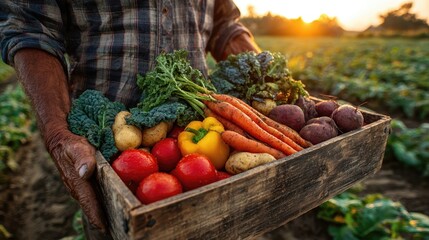 A farmer's hands hold a wooden crate of fresh harvest vegetables.