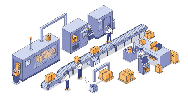 Isometric warehouse automation with workers and conveyor belt
