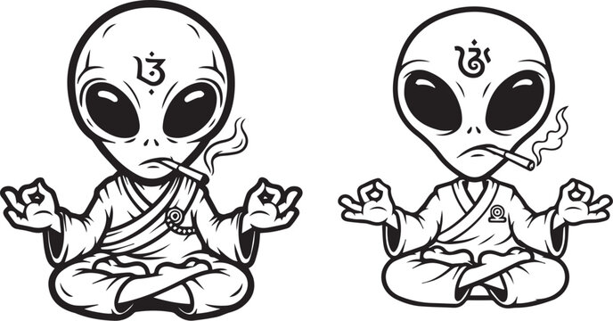 Minimalist black and white alien meditation icons &ndash; spiritual extraterrestrial silhouettes with Om symbols, robes, and smoking joints.