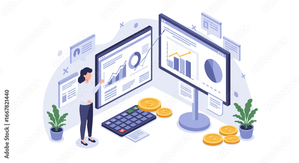 Poster analyzing data with modern digital tools and charts in isometric workspace scene