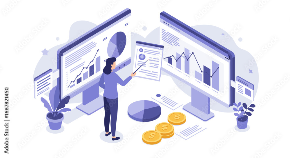 Poster business data analysis with isometric graphs and charts in office setting