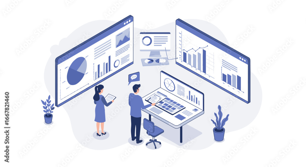 Poster team analyzing data on interactive dashboard in modern office environment