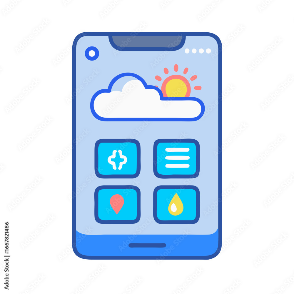 Poster mobile app weather forecast interface with cloud, sun, and application icons