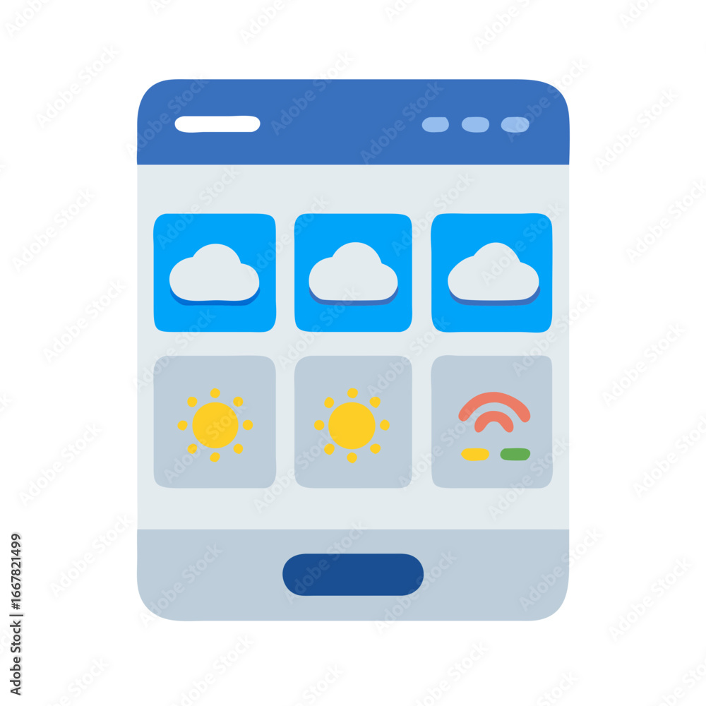 Poster weather app interface on mobile device showing forecast with flat design elements