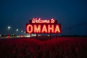 Neon “Welcome to Omaha” glowing in cornfield highway.
