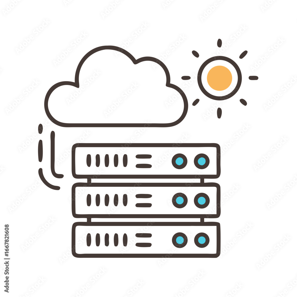 Poster conceptual image of cloud computing servers under sun and rain, depicting data reliability