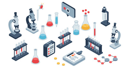 Modern isometric laboratory equipment and chemistry tools collection