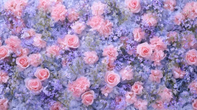 Big collection of different flowers in purple color. Neural network AI generated