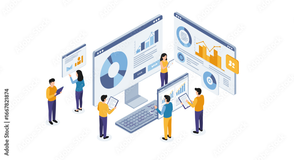 Poster isometric team analyzing digital data on multiple screens with charts and graphs