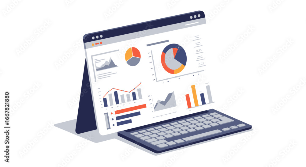 Poster isometric laptop displaying business analytics with charts and graphs