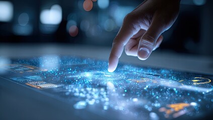 Close-up of a hand interacting with a futuristic touch screen interface.  Glowing data visualizations, light-blue highlights, and subtle ambient light