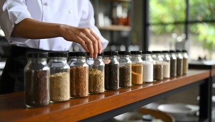 Chef's Hand Selecting Spice Jar from a Row of Culinary Ingredients