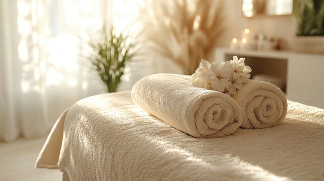 Towels folded on a bed with a vase of flowers in the background peaceful massage moment