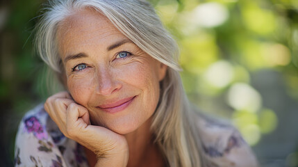 Fototapeta premium Smiling woman with silver hair enjoying a sunny day in a garden filled with lush greenery