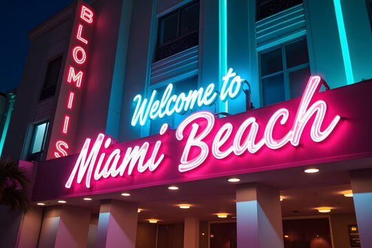 Neon “Welcome to Miami Beach” glowing pastel near art deco buildings.