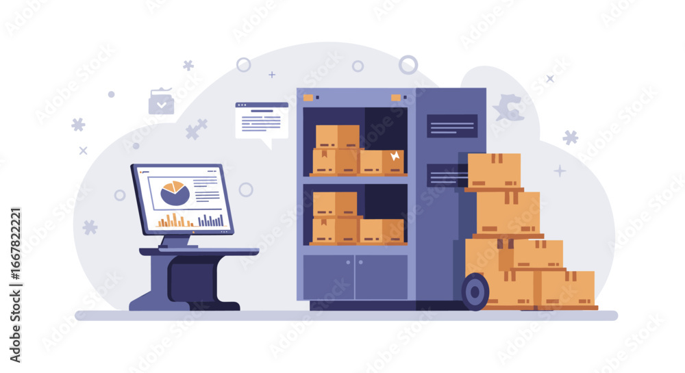 Poster efficient warehouse management system with modern digital interface and stacked cardboard boxes