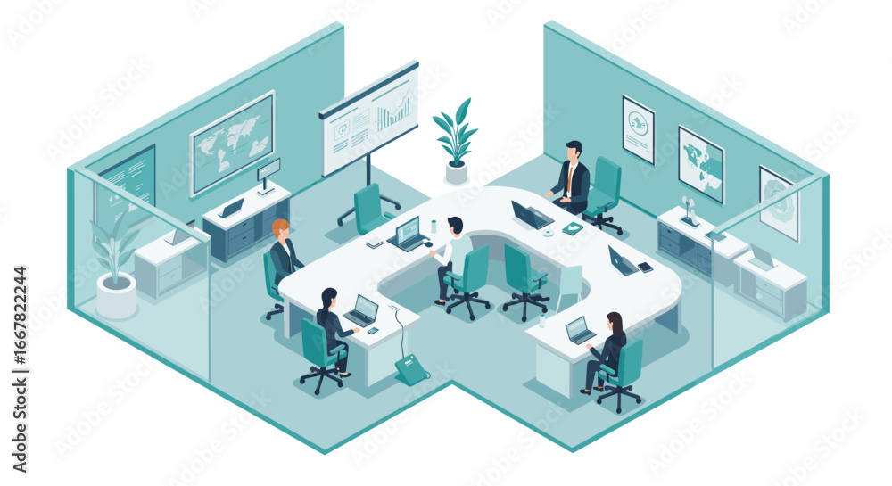 Poster isometric office space with diverse team working on digital devices and presentation board