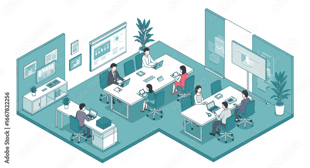 Poster modern isometric office space with diverse team collaborating in open layout