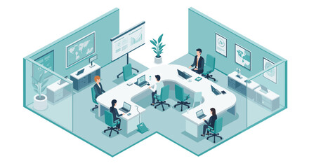 Fototapeta premium Isometric office space with diverse team working on digital devices and presentation board