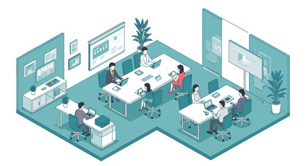 Obraz premium Modern isometric office space with diverse team collaborating in open layout