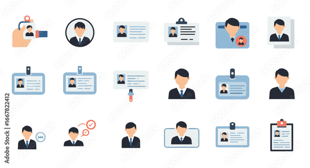 Poster flat style id and profile icons set: personal identification and social network concepts