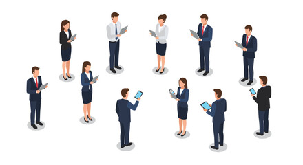 Diverse business team with digital devices in isometric style