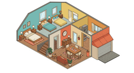 Cozy isometric house interior with living room, bedrooms, and kitchen