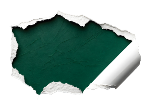 Ripped Green Paper Background with Irregular Edges and Rolled Corner on Black Background Dark Emerald Textured Paper Reveal