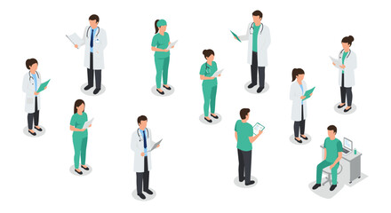 Healthcare professionals isometric design featuring doctors and nurses in various medical scenarios
