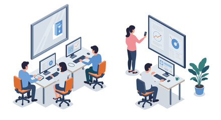 Isometric office teamwork with people analyzing data on multiple screens