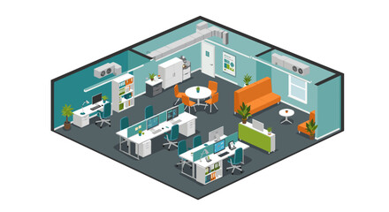 Obraz premium Modern isometric office interior with workspace and meeting area