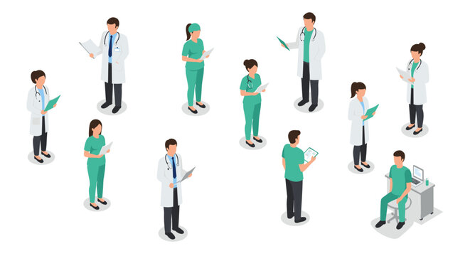 Healthcare professionals isometric design featuring doctors and nurses in various medical scenarios