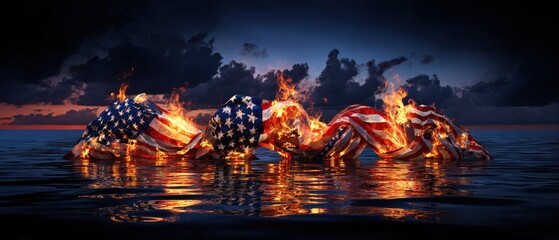 Obraz premium Burning Flag in the Dark: A dramatic and thought-provoking image depicting the American flag engulfed in flames against a dark, stormy sky and water, symbolizing turmoil and conflict.