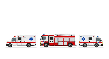 Fototapeta premium Emergency vehicles in flat design with ambulance and fire truck illustration