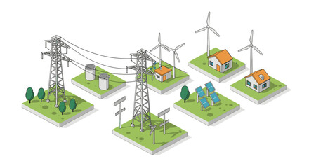 Sustainable energy sources: isometric wind turbines, solar panels, and power lines in harmony