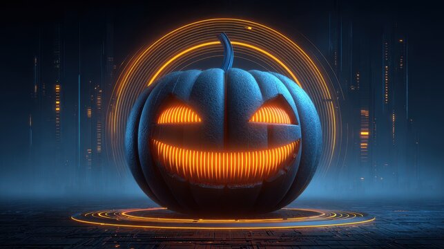 A glowing blue pumpkin with a mischievous grin, set against a futuristic background, embodies Halloween's playful spirit in a tech-inspired design.