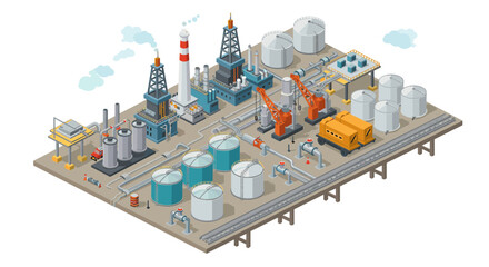 Isometric oil refinery complex with tankers, silos, and industrial machinery